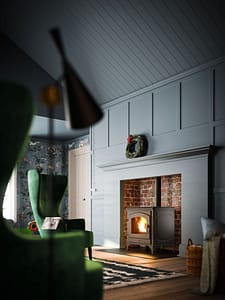 MCZ Deco pelletkachel zwart vrijstaand in schouw zijaanzicht