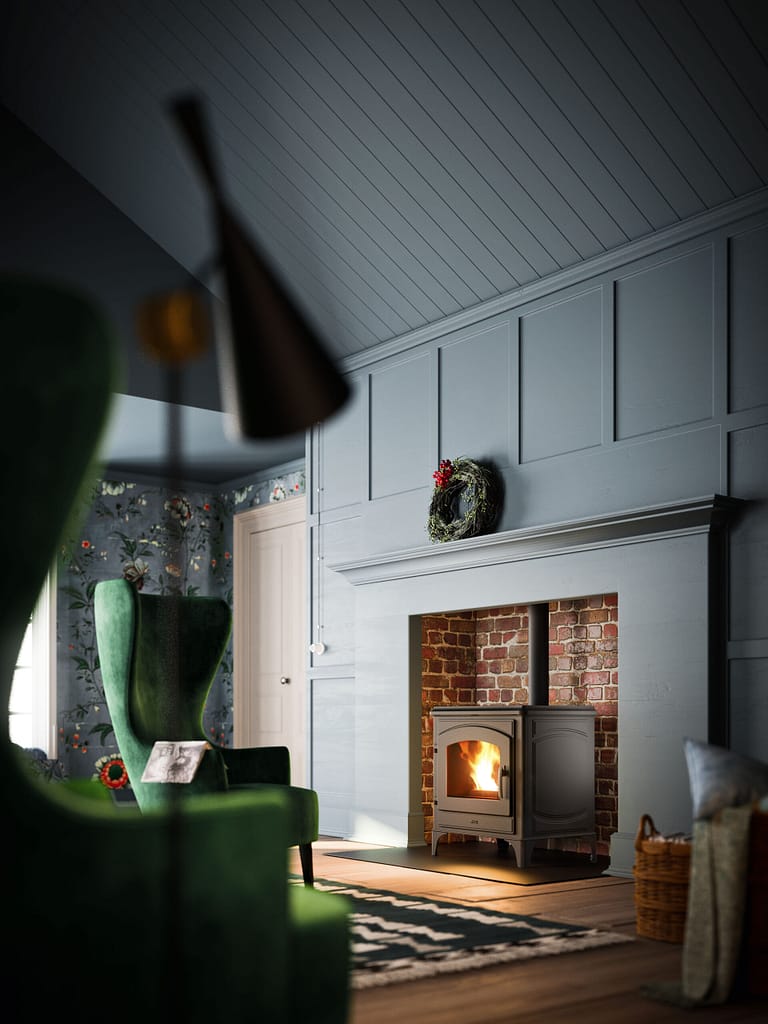 MCZ Deco pelletkachel zwart vrijstaand in schouw zijaanzicht